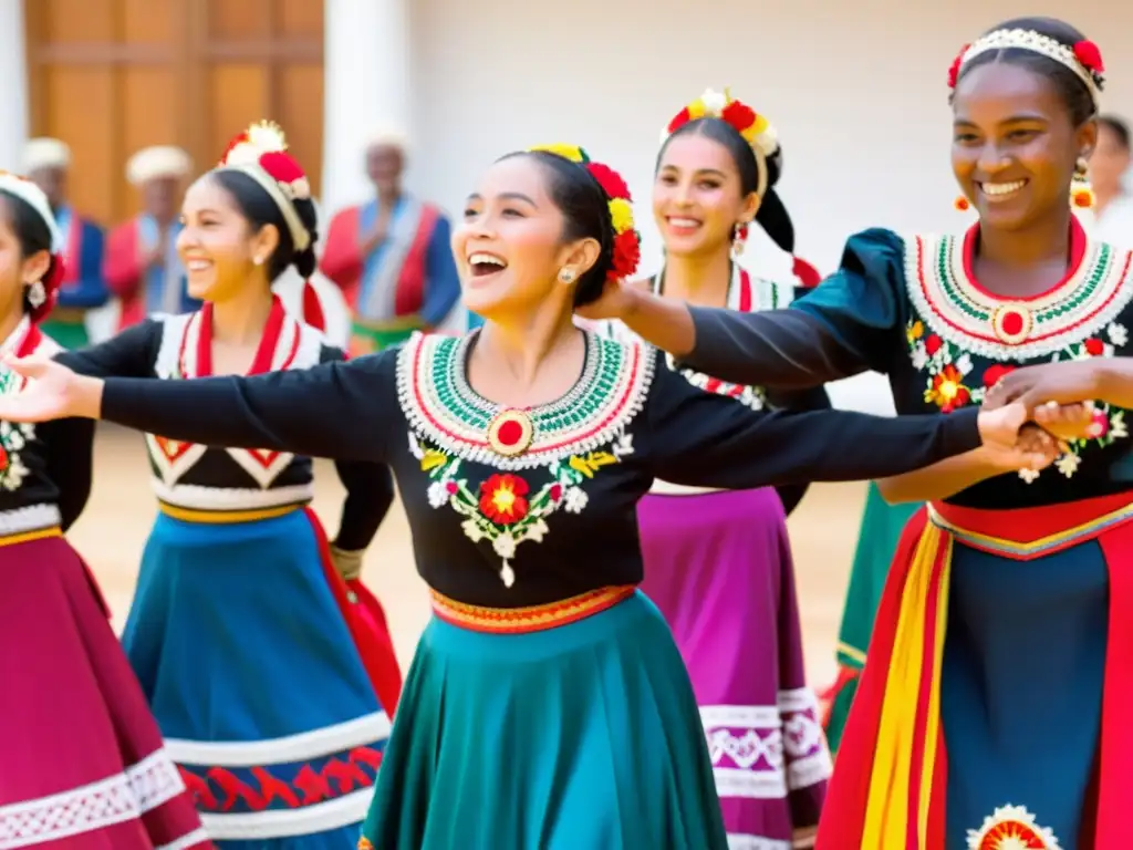 Tres generaciones de bailarines unidas, disfrutando de una danza tradicional en un festival al aire libre