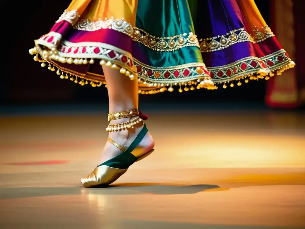 Los ghungroo adornan los pies de una bailarina de Kathak, mostrando la belleza ornamental y el significado cultural de accesorios de danzas indias