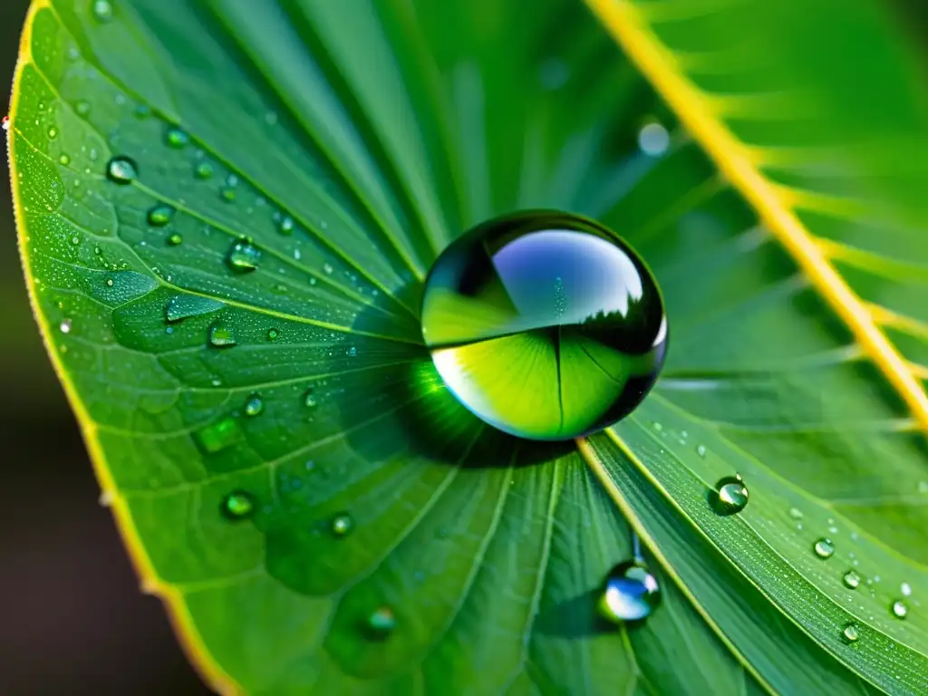 Una gota de agua cae lentamente de una hoja verde, mostrando su tensión superficial y los vibrantes colores y texturas