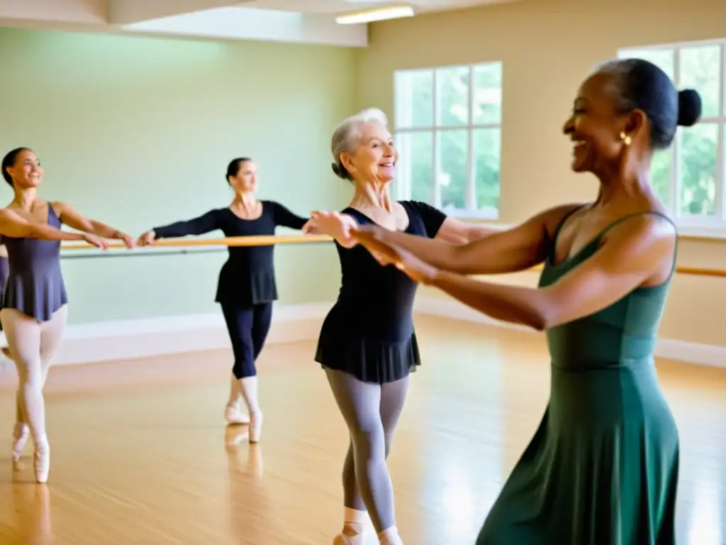 Un grupo de adultos mayores practica ballet con gracia en un estudio espacioso y bien iluminado, transmitiendo alegría y plenitud