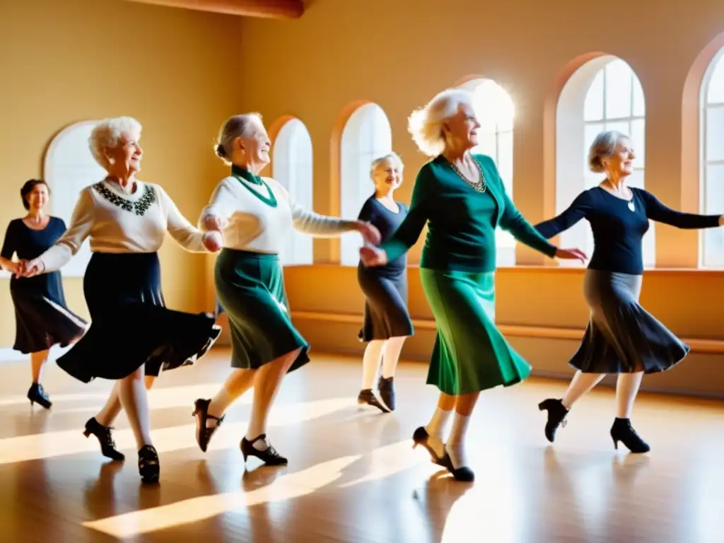 Grupo de adultos mayores practicando con gracia y precisión la danza irlandesa en un estudio soleado, desafiando los estereotipos de envejecimiento