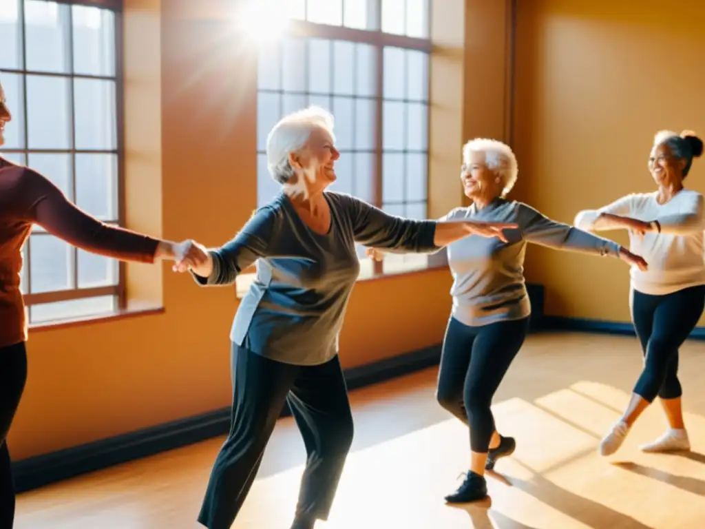 Grupo de adultos mayores disfrutando de un programa de entrenamiento de danza, irradiando alegría y vitalidad en un estudio luminoso