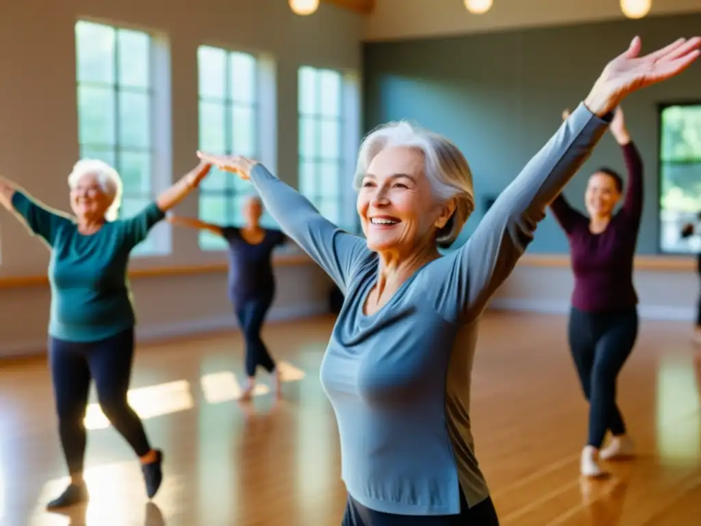 Grupo de adultos mayores disfrutando de programas de entrenamiento de danza, expresando alegría y vitalidad en el estudio de baile