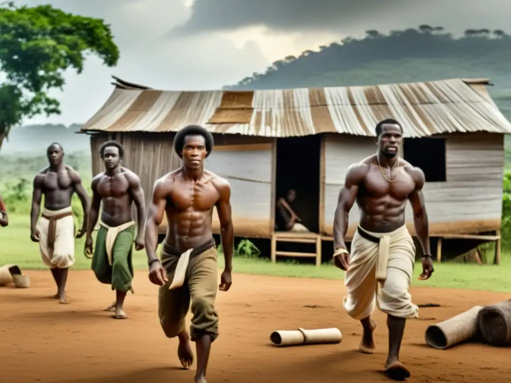 Un grupo de africanos esclavizados practicando capoeira como forma de resistencia y expresión cultural en medio de duras condiciones