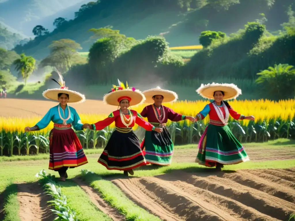 Grupo de agricultores guatemaltecos realizando la danza tradicional Torito en un campo de maíz, celebrando su significado agrícola