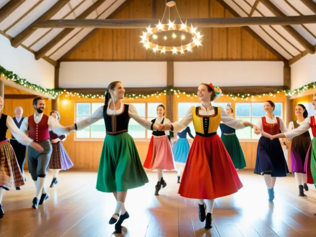 Grupo alegre en clase de danzas europeas tradicionales en un granero