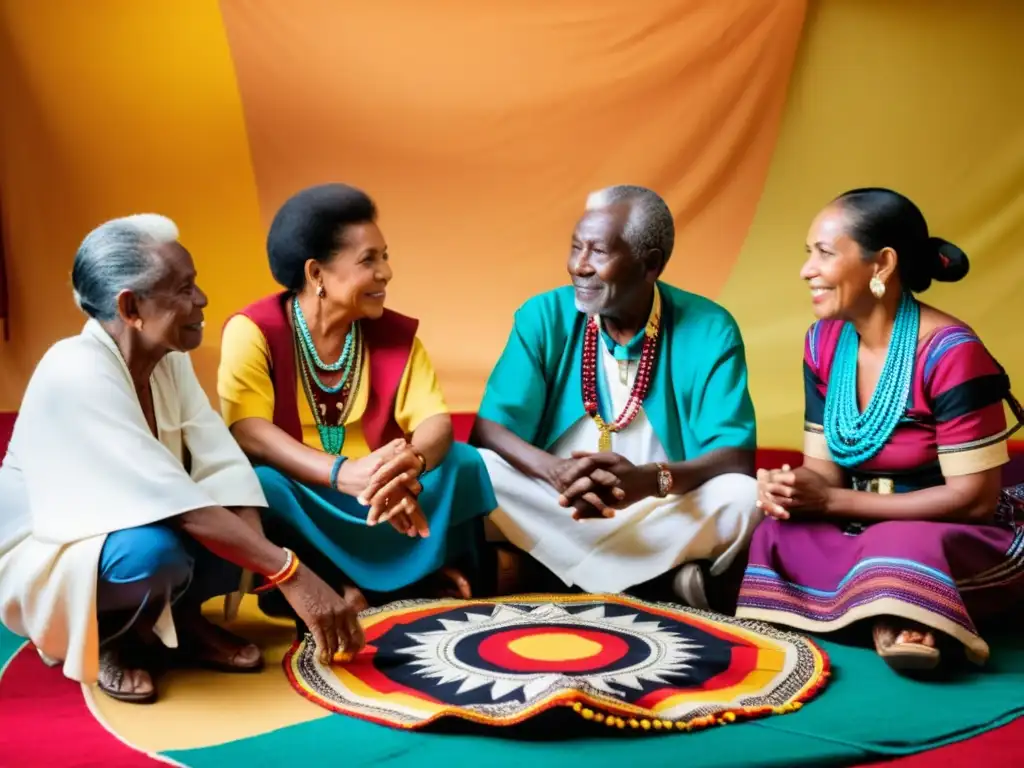 Un grupo de ancianos afrocolombianos, vestidos con trajes tradicionales, discuten el significado cultural de la Puya raimunda