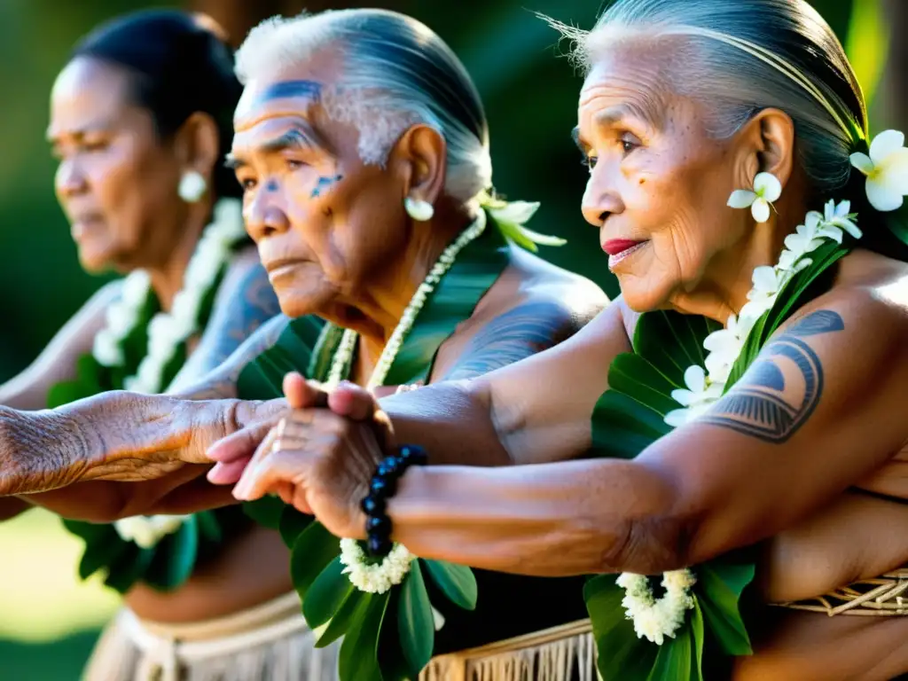 Grupo de ancianos bailarines del Pacífico realizando una danza oceánica, reflejando la importancia cultural de los mayores en las tradiciones