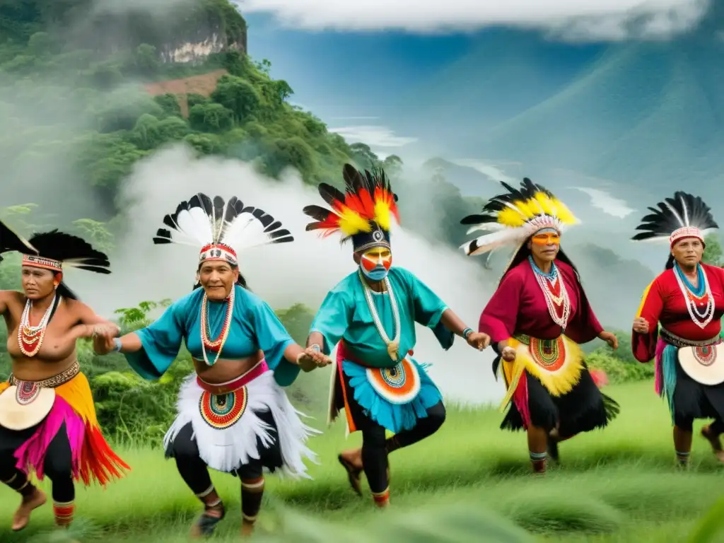 Grupo de ancianos y bailarines indígenas en trajes ceremoniales vibrantes realizando danzas ancestrales, en un entorno natural