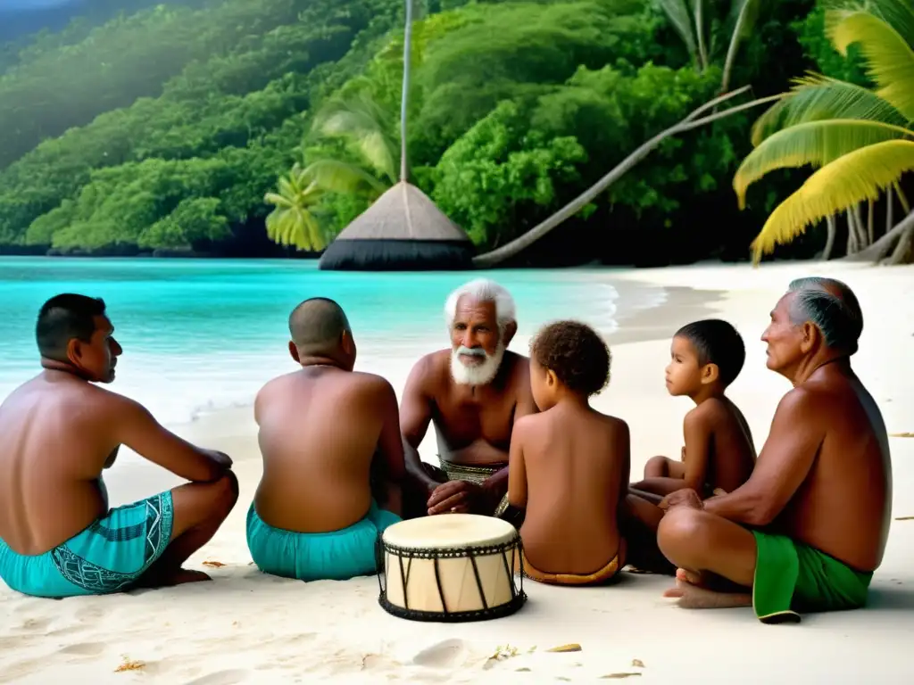 Grupo de ancianos y niños de Tokelau tocan los tambores tradicionales Pate Pate en la playa, rodeados de palmeras y aguas cristalinas