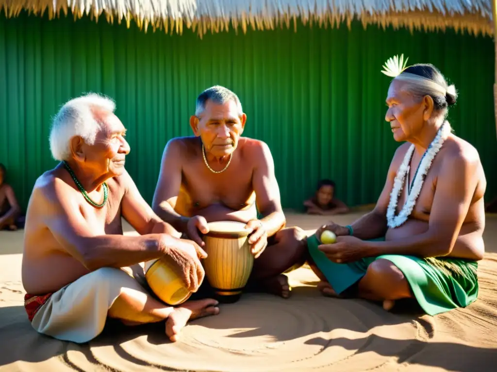 Un grupo de ancianos tokelauanos tocando los tambores pate pate con concentración, representando el significado cultural de la tradición