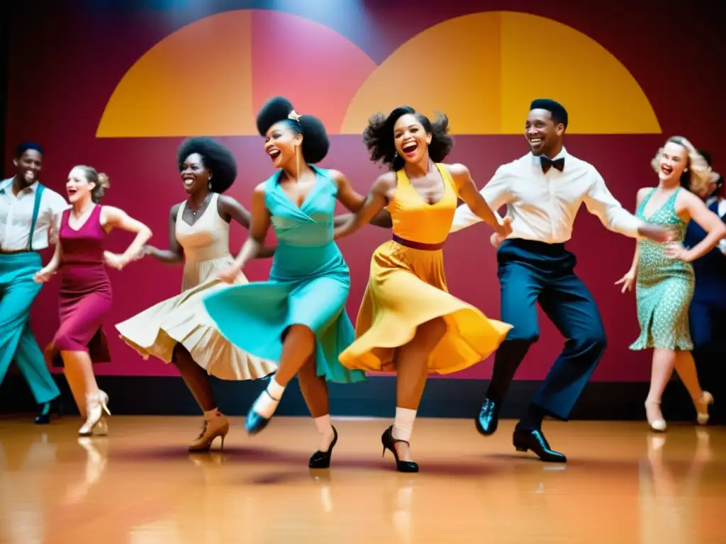 Grupo animado de bailarines de lindy hop, vistiendo atuendos vintage coloridos, en una vibrante pista de baile