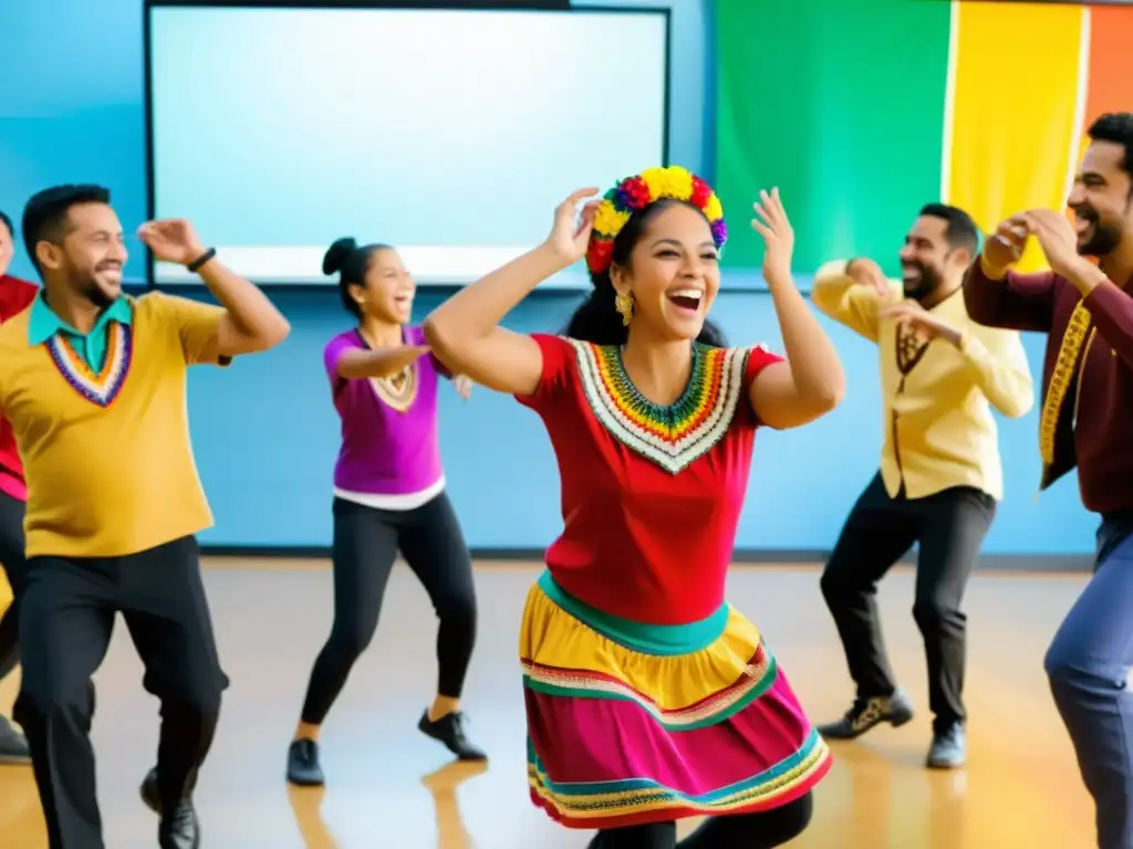 Grupo animado en clase online de cumbia latinoamericana, con música, baile y diversidad cultural