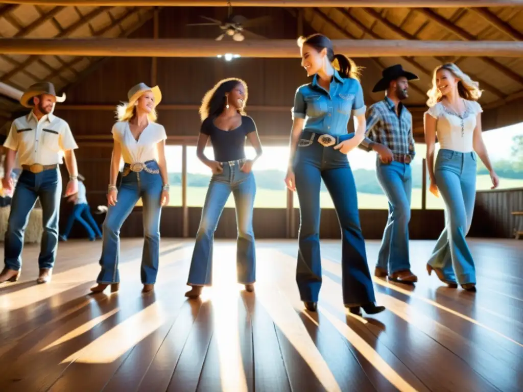 Un grupo animado bailando en un granero, vistiendo variados jeans