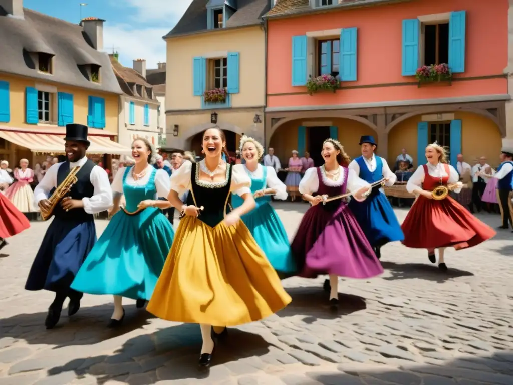 Grupo animado de músicos y bailarines en trajes tradicionales franceses, creando patrones de coordinación en Quadrille Francesa en la plaza del pueblo