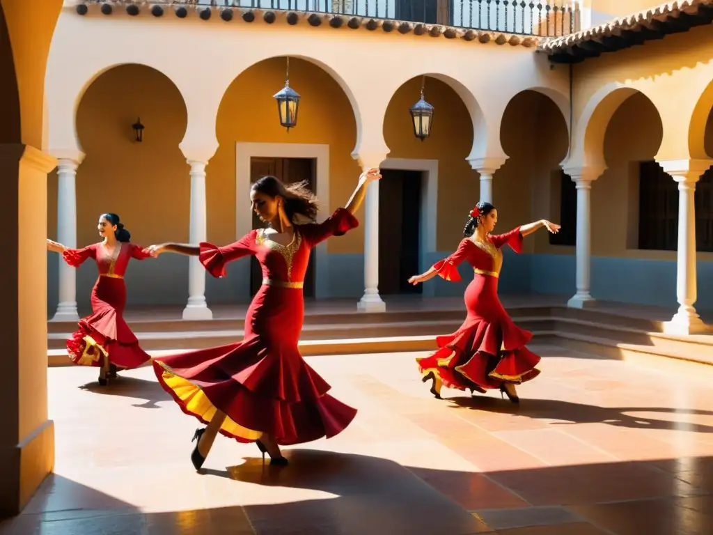 Grupo apasionado de bailarines practicando flamenco en un patio andaluz, capturando la esencia de los Retiros de danza en Andalucía