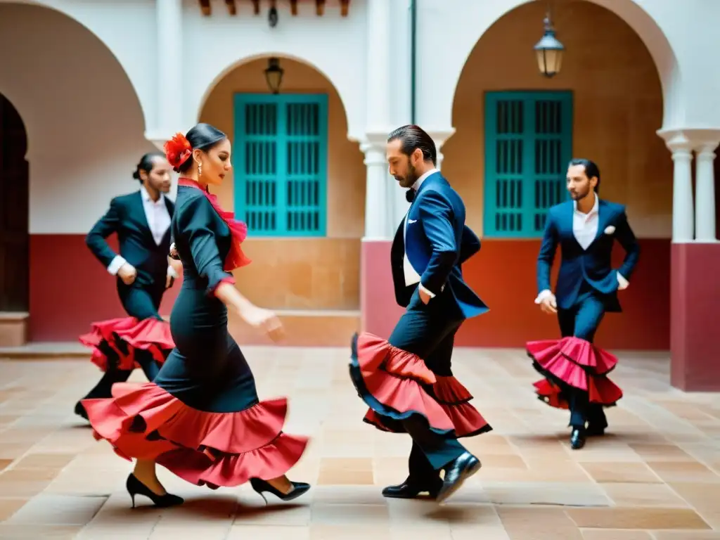 Grupo apasionado de bailarines de flamenco en un patio español, ejecutando zapateados con intensidad