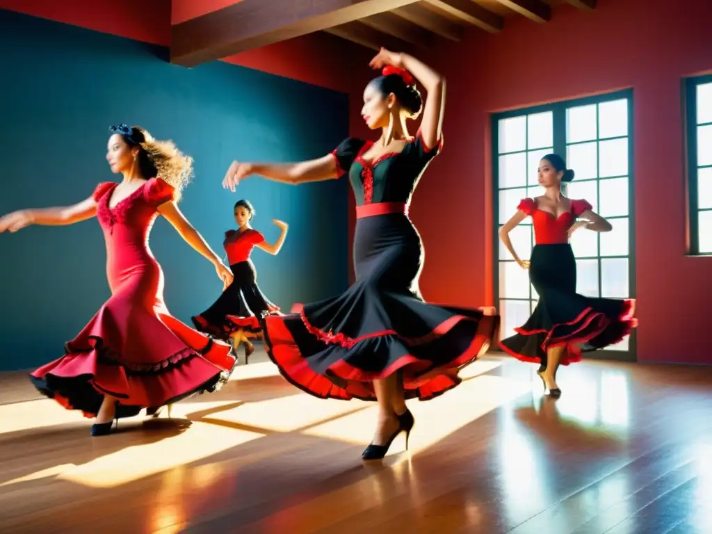 Grupo apasionado de bailarines de flamenco practicando movimientos en un estudio soleado, con expresiones enfocadas