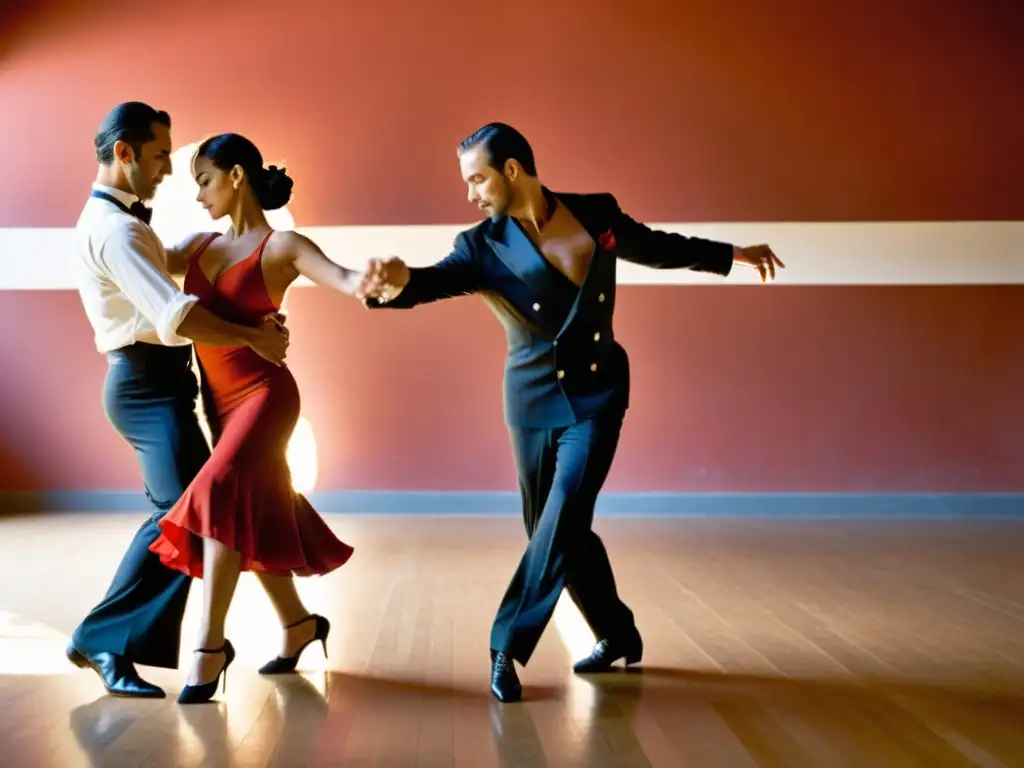 Grupo apasionado de bailarines de tango argentino practicando movimientos elegantes en un estudio soleado