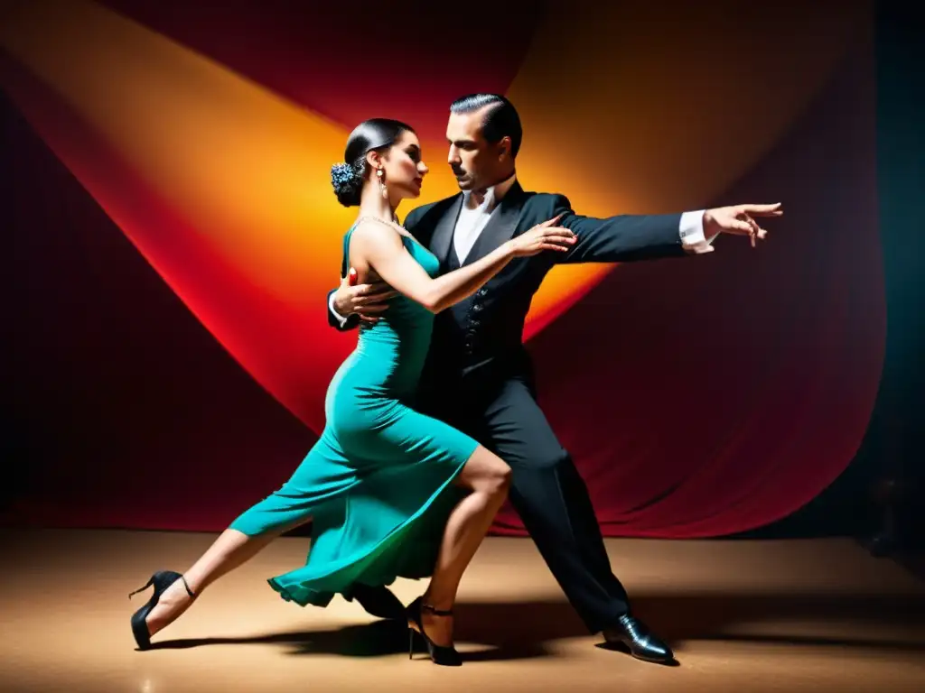 Grupo apasionado de bailarines de tango con trajes tradicionales en una milonga atmosférica