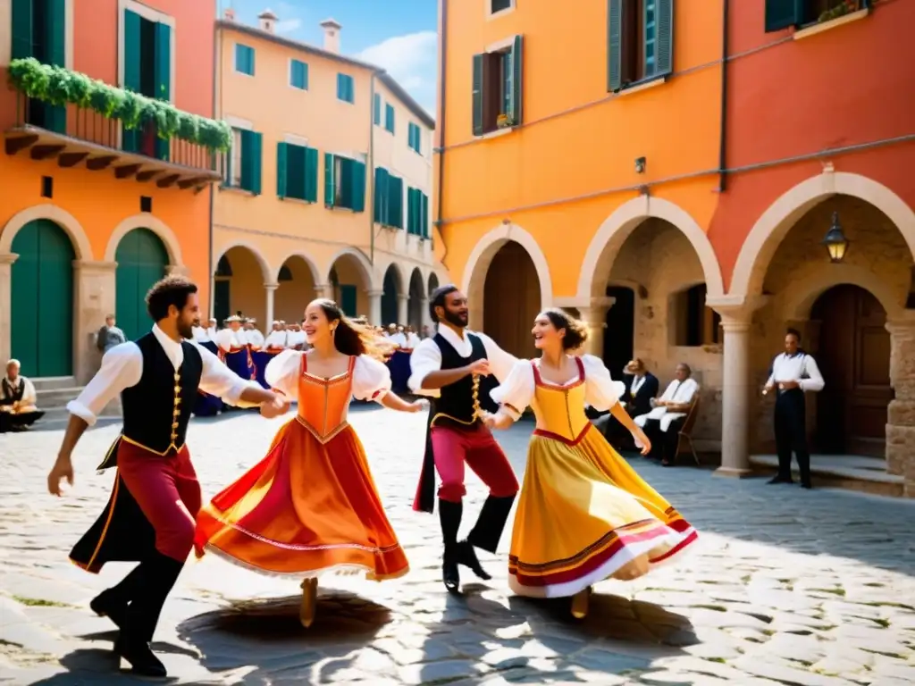 Grupo apasionado de músicos y bailarines interpretando la tarantela italiana en un patio tradicional, con colores vibrantes y calles empedradas