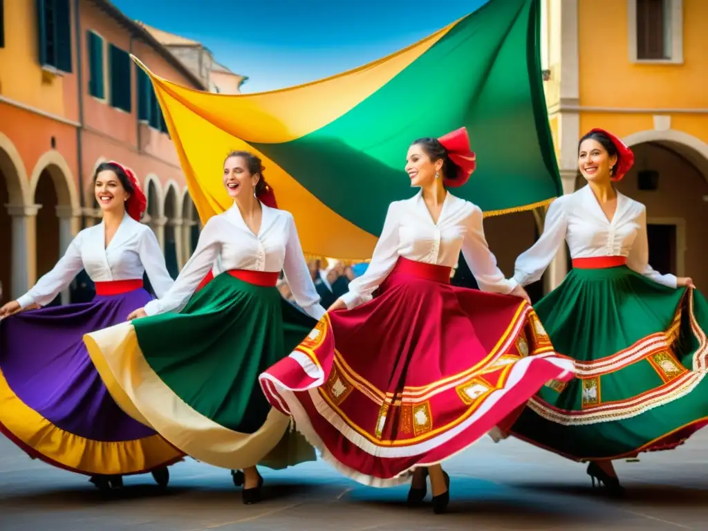 Grupo apasionado bailando la pizzica con vestimenta tradicional del sur de Italia