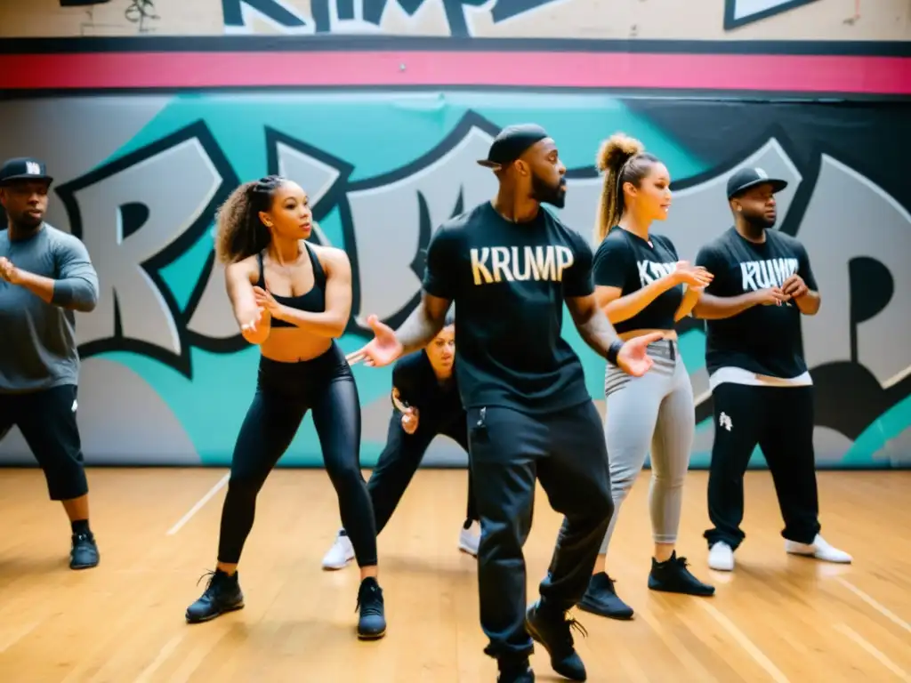 Grupo apasionado de principiantes en clases online de Krump, rodeados de grafitis, expresando intensidad y energía en movimientos poderosos