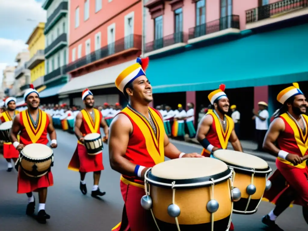 Grupo apasionado de tamborileros de Candombe uruguayo, vestidos con colores vibrantes, tocando con fervor en las calles de Montevideo, representando la resistencia cultural