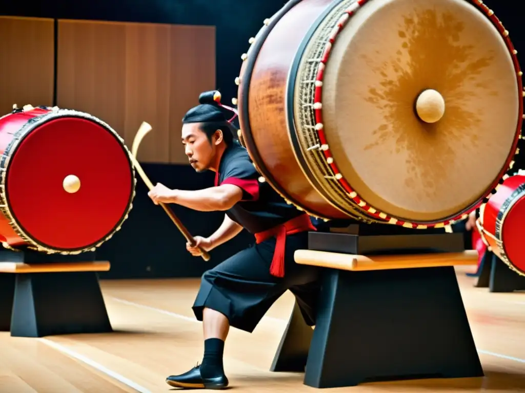 Grupo apasionado de tamborileros taiko con trajes japoneses tradicionales, desatando una sinfonía de ritmos enérgicos en sus tambores colosales