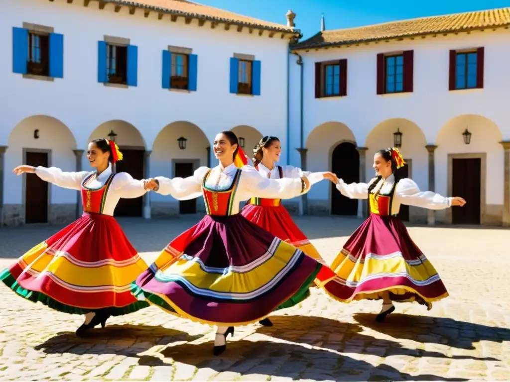 Grupo apasionado bailando en trajes folklóricos portugueses en un patio soleado, mostrando la autenticidad cultural y la energía vibrante de Portugal