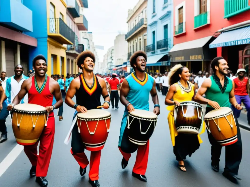 Grupo apasionado de candombe uruguayo danza resistencia cultural en las calles de Montevideo, vibrantes colores y energía palpable