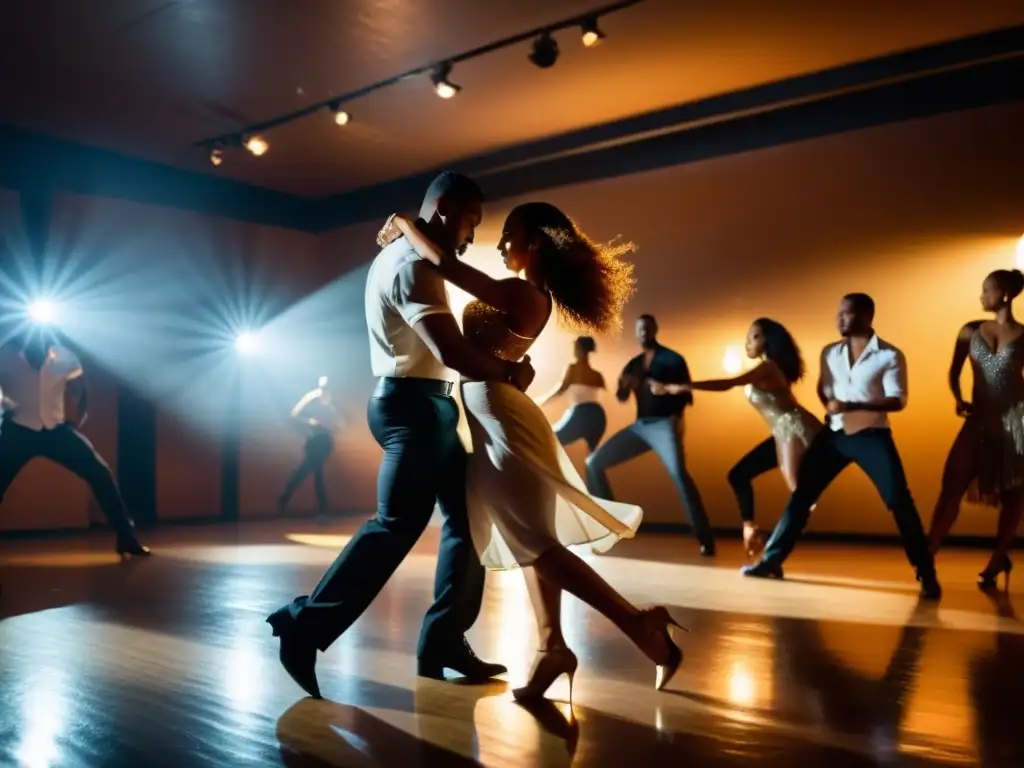 Un grupo de apasionados bailarines de bachata se mueve al ritmo de la música en un estudio de baile atmosférico y tenue