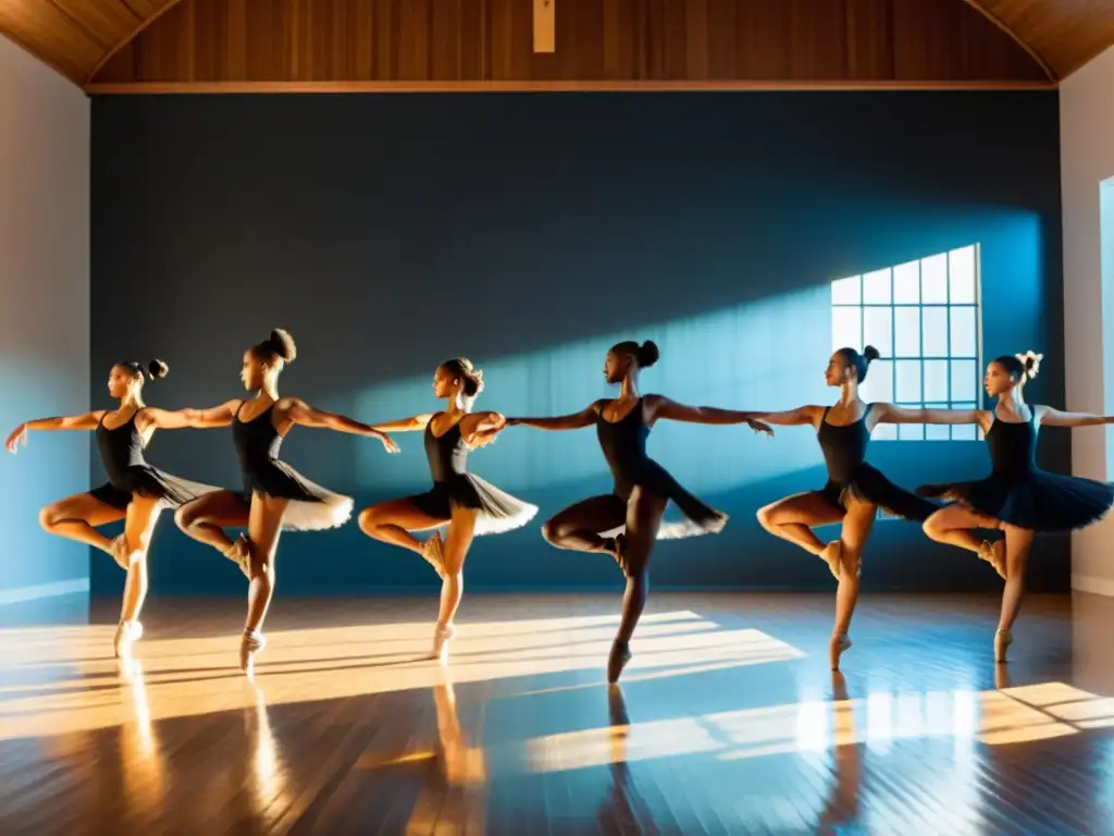 Un grupo de apasionados bailarines ejecutan una coreografía sincronizada, mostrando su destreza y energía en un estudio soleado