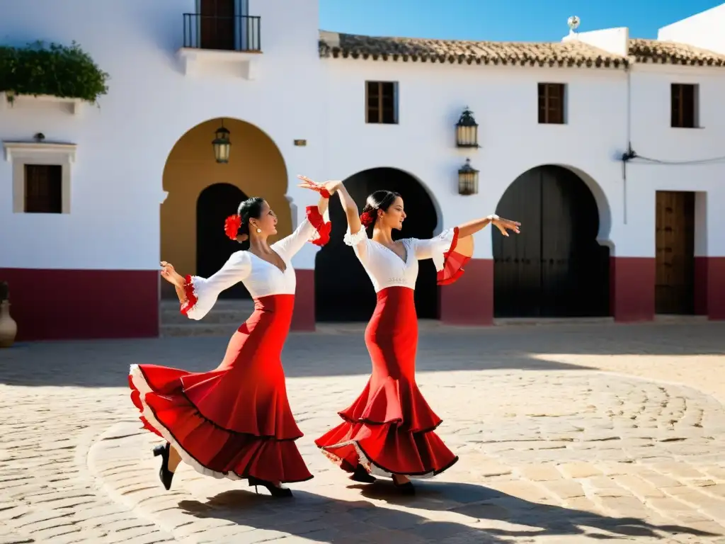 Un grupo de apasionados bailarines de flamenco en vibrantes trajes tradicionales, capturados en plena danza bajo el cálido sol andaluz