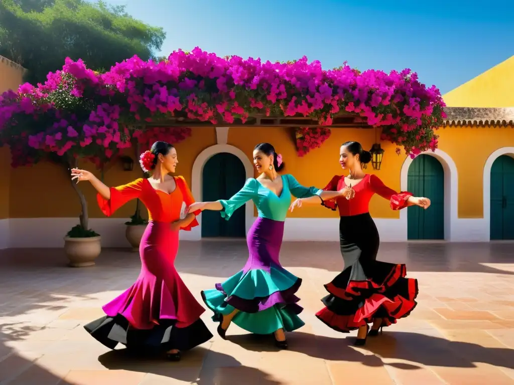 Grupo de apasionados bailarines de flamenco practicando en un patio soleado rodeado de flores