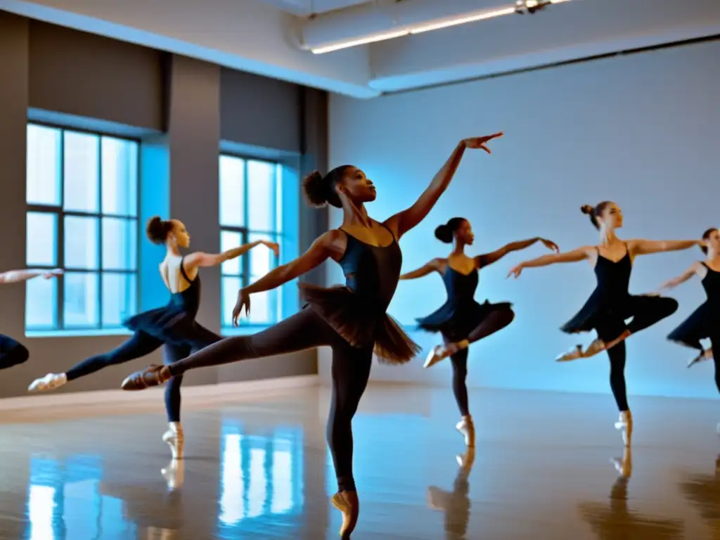 Un grupo de apasionados bailarines practica con gracia y destreza en un estudio espacioso y bien iluminado