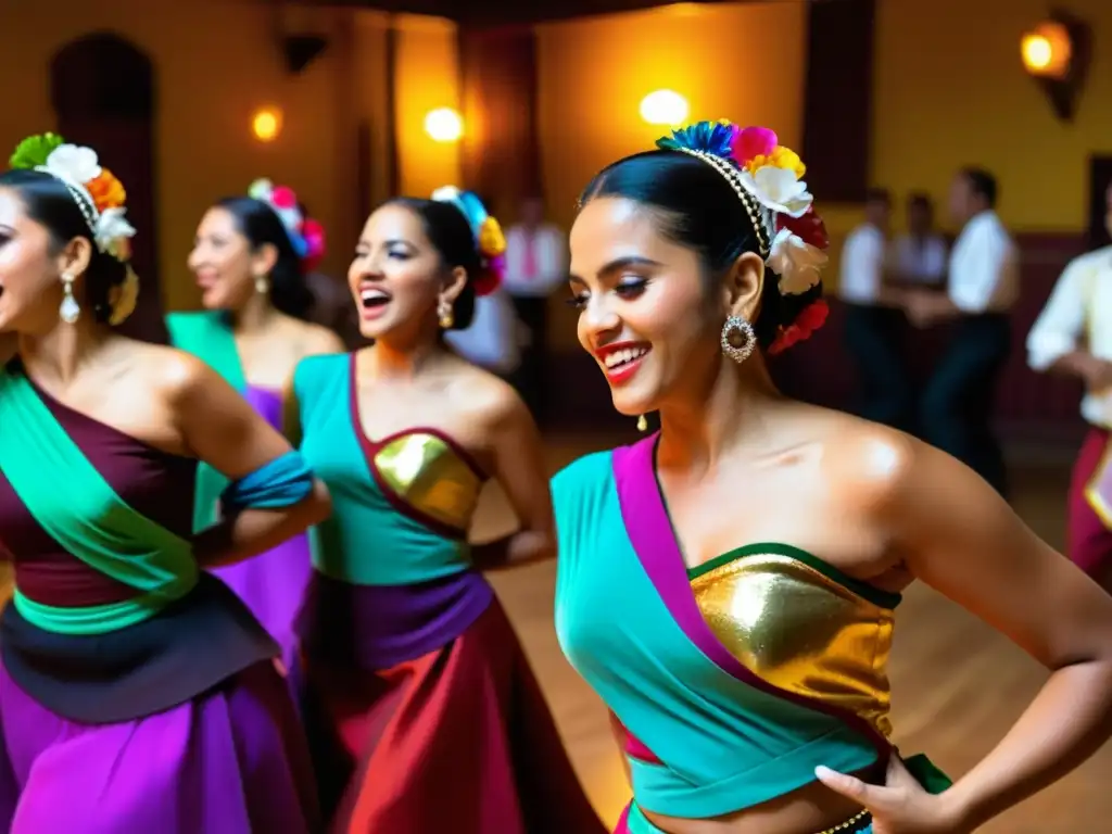 Un grupo de apasionados bailarines ejecutan con gracia la danza tradicional de bolero latinoamericano al ritmo de una banda en vivo