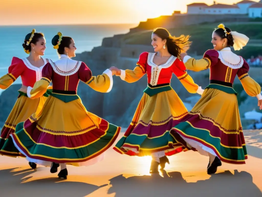 Un grupo de apasionados bailarines portugueses visten trajes tradicionales coloridos, bailando fandango al atardecer