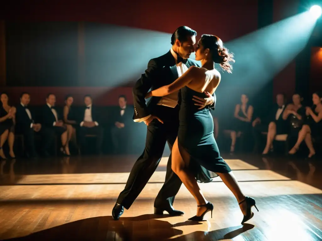 Un grupo de apasionados bailarines de tango argentino, vistiendo trajes tradicionales, danzando con gracia en una pista de baile tenue