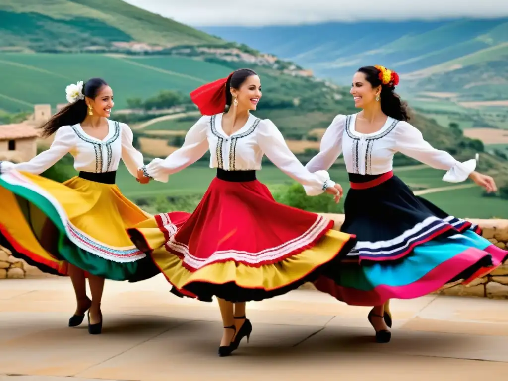 Un grupo de apasionados bailarines en trajes españoles tradicionales realiza un animado fandango, sus faldas coloridas girando al ritmo de la música