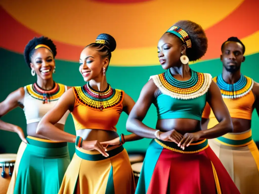 Un grupo de apasionados bailarines en trajes africanos coloridos danzan al ritmo de tambores en un estudio vibrante