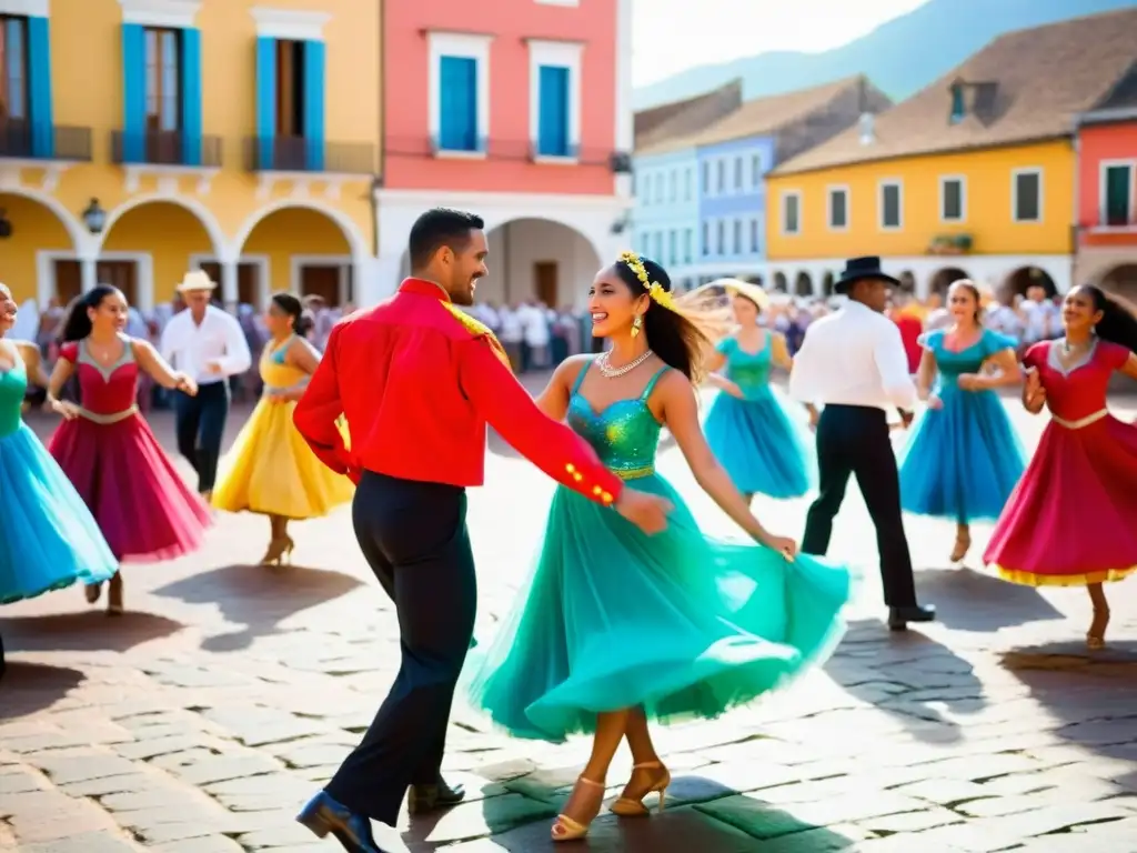 Un grupo de apasionados bailarines vestidos con trajes tradicionales vibrantes, bailando una rutina de salsa enérgica en una plaza histórica