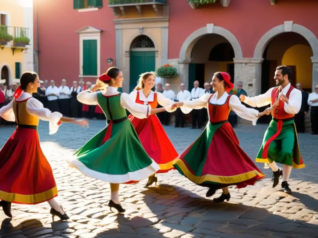 Un grupo de apasionados bailarines vestidos con trajes tradicionales del sur de Italia danzan la pizzica al atardecer en una plaza de piedra antigua, mientras espectadores sonríen y aplauden, capturando la esencia del resurgimiento de la danza pizzica en Italia