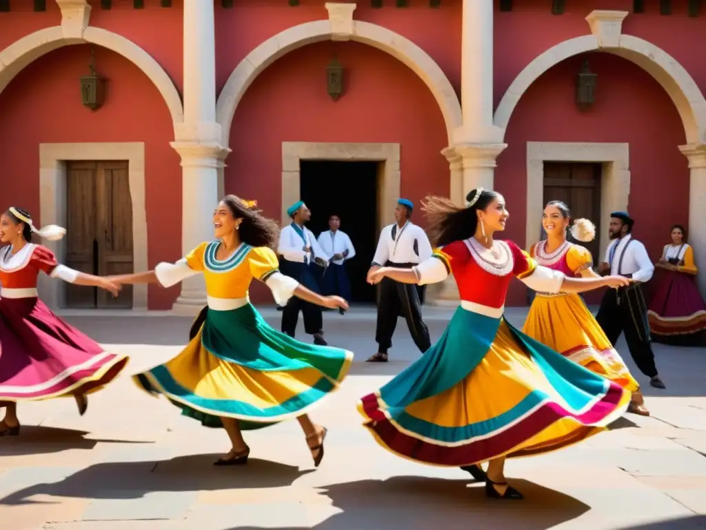 Un grupo de apasionados músicos y bailarines se reúnen en una plaza bañada por el sol, rodeados de antiguos edificios de piedra