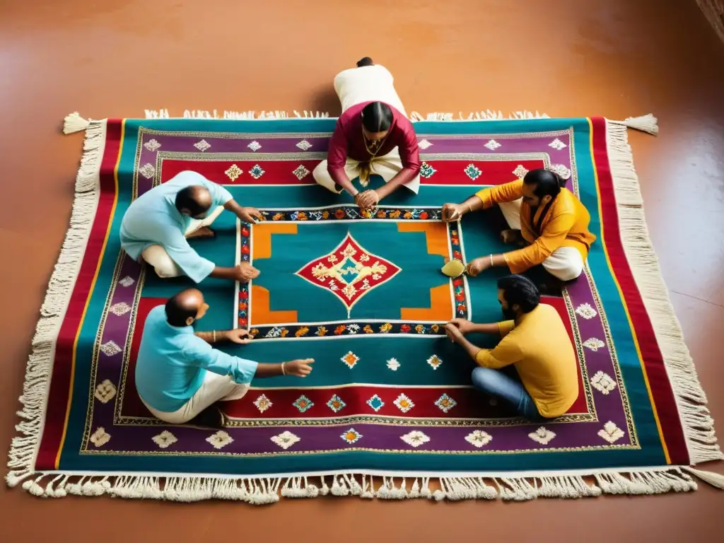 Un grupo de artesanos hábiles tejen hilos vibrantes en una alfombra intrincada que muestra diseños de danza étnica en un bullicioso mercado indio