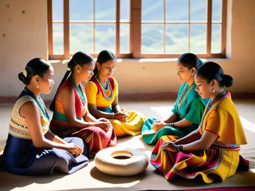 Un grupo de artesanos confeccionando trajes de danza autóctonos, resaltando la herencia cultural y la expresión artística en cada puntada