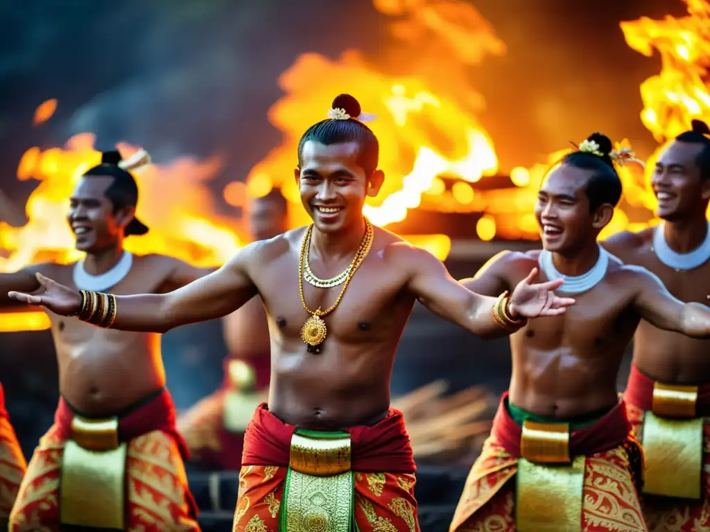 Grupo de artistas balineses en vibrante Danza del fuego en Bali, con movimientos precisos y trajes intrincados, bajo el resplandor del fuego