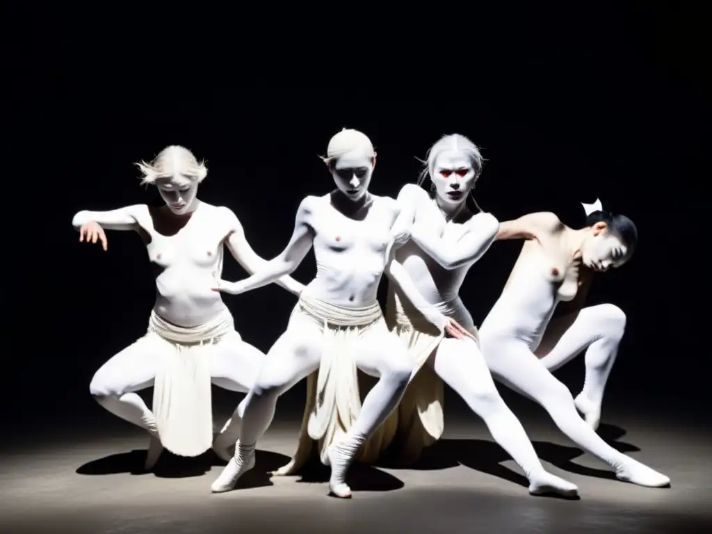 Grupo de artistas contorsionando cuerpos en danza Butoh Japón Belleza, vestidos de blanco, en atmósfera oscura y misteriosa