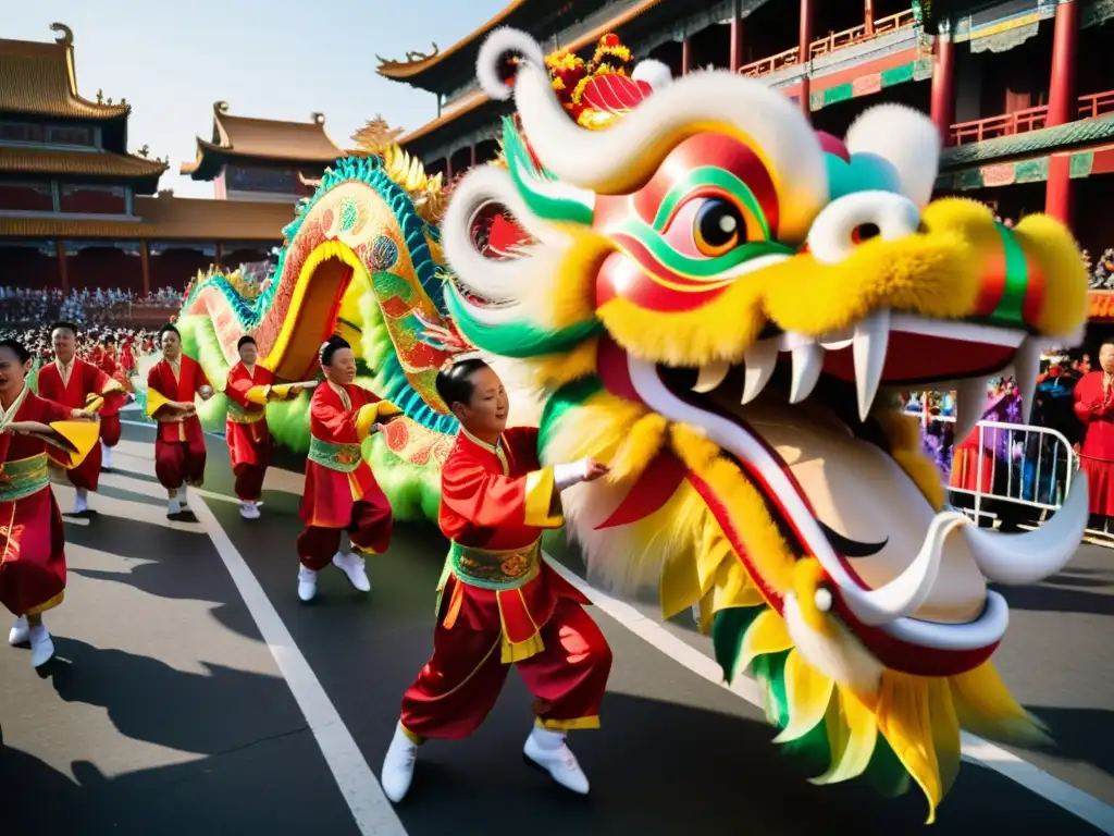 Grupo de artistas ejecutando la Danza del Dragón en un desfile festivo