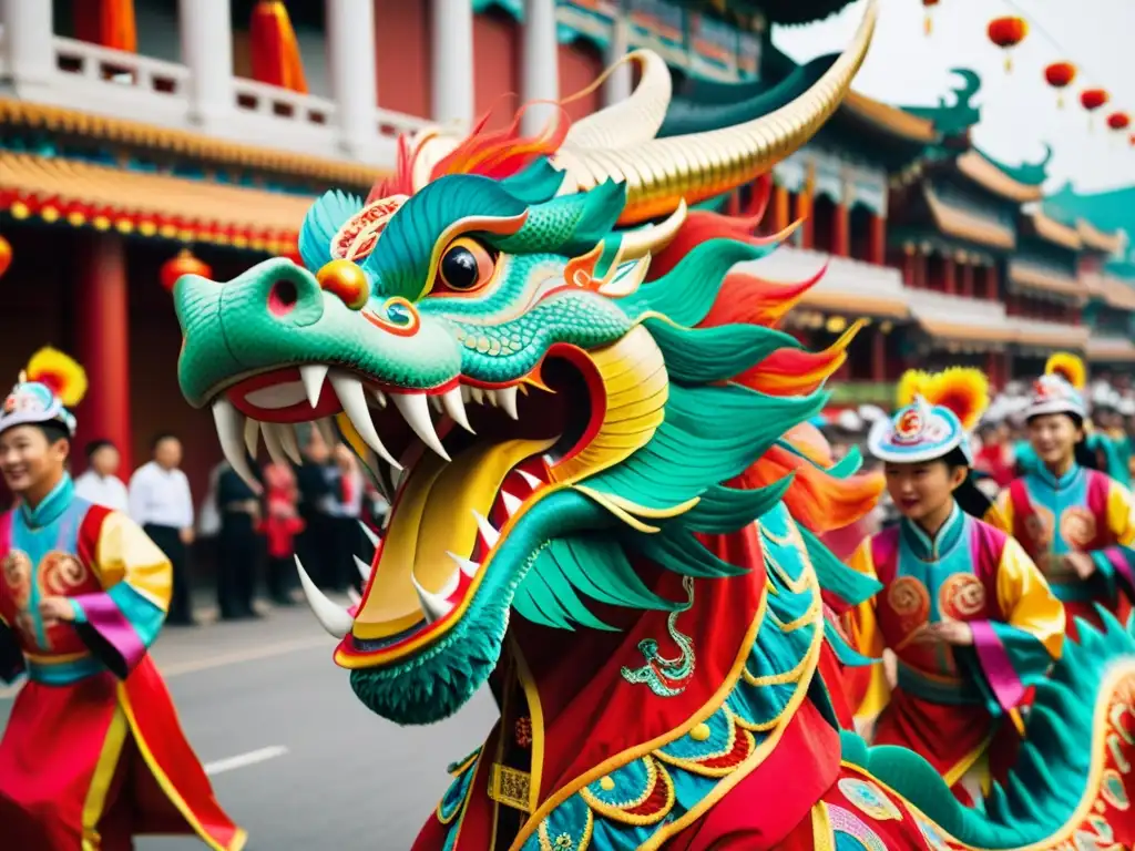 Grupo de artistas ejecutando la Danza del Dragón en un festival chino, con trajes vibrantes y detallados